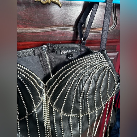 Blashe Black Faux Leather Rhinestone Crop Top - Picture 3 of 5